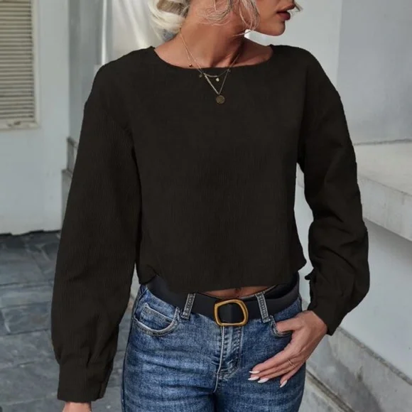 Classic Black Corduroy Cropped Top Minimalist y2k - Picture 3 of 14